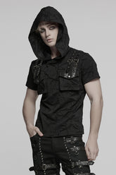 Black Short Sleeves Big-pocket Tie-dyed Hooded Men's Punk T-Shirt